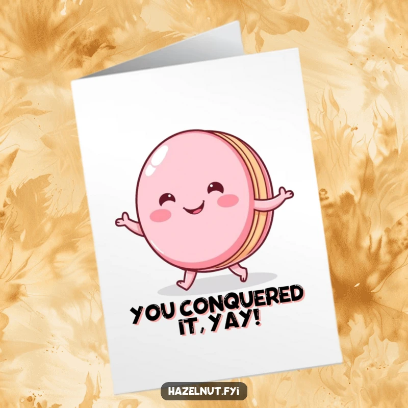 Funny Free Printable Congratulations Card: A smiling macaron gracefully doing a little celebratory shuffle dance.