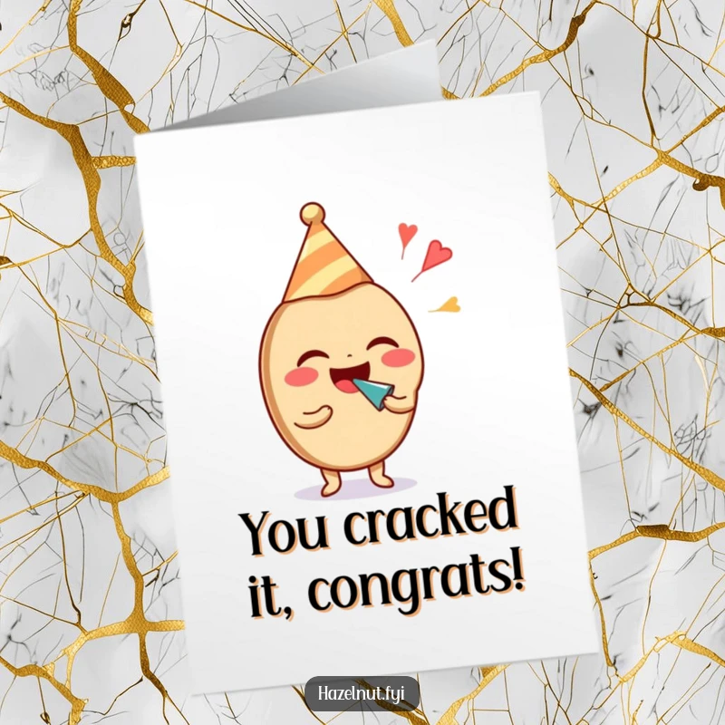 Free Printable Congratulations Card: A laughing hazelnut wears a party hat and blows a noisemaker, celebrating success humorously.