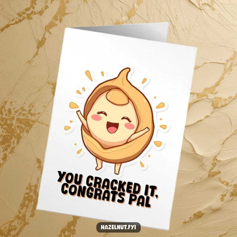 Funny Free Printable Congrats Card: A joyous hazelnut character erupts from a cheerful shell, celebrating a fantastic milestone.