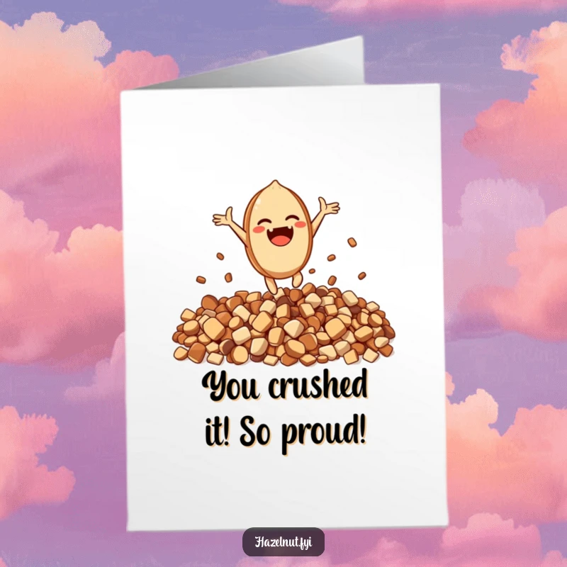 Funny Free Printable Congratulations Card: An excited hazelnut character leaps with joy from a pile of crunchy bits, celebrating a win.