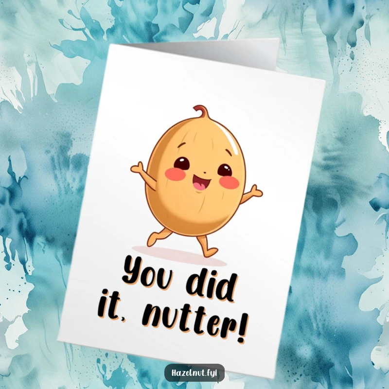 Funny Free Printable Congratulations Card: A happy, round hazelnut with little legs dancing joyfully.