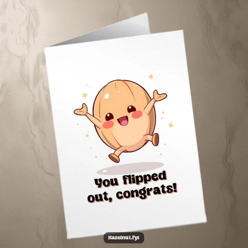 Funny Free Printable Congratulations Card: A playful hazelnut does a cartwheel dusted with powdered sugar, celebrating your fantastic achievement.