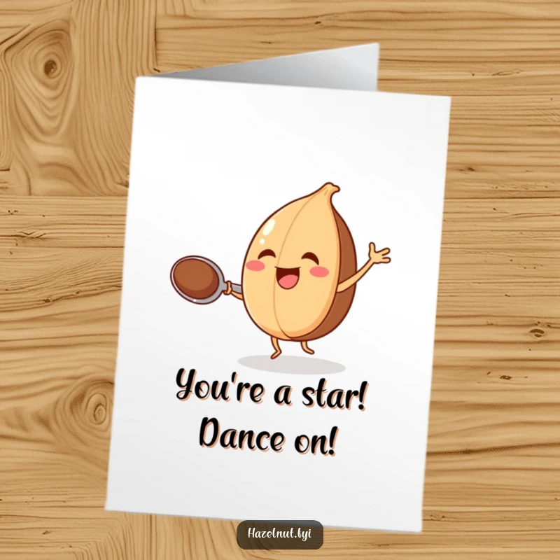 Funny Free Printable Congratulations card shows a joyful hazelnut doing a little dance while holding a spoon, conveying pure celebration.
