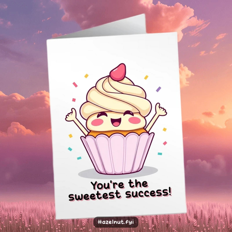 Funny Free Printable Congratulations Card: A delighted cupcake smiling and throwing confetti, celebrating success, print for a friend.