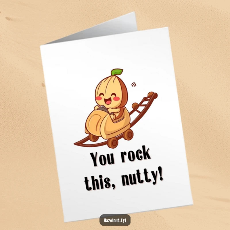 Funny free printable congratulations card with a hazelnut character enjoying a thrilling ride on a chocolate bit roller coaster.
