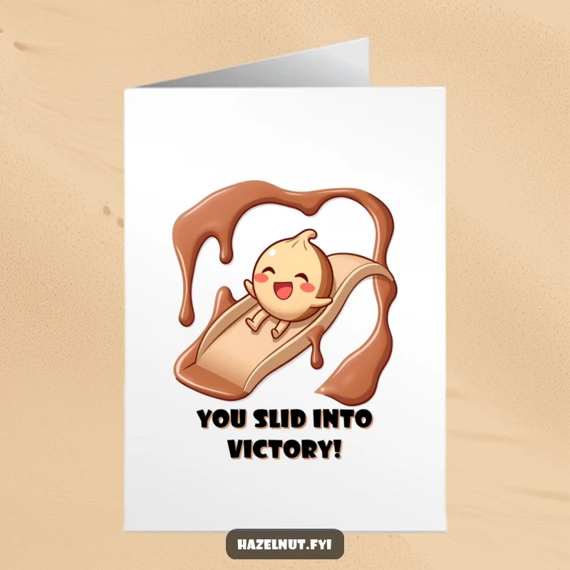 Funny Free Printable Congratulations Card: A giggling hazelnut character slides down a chocolate syrup slide.