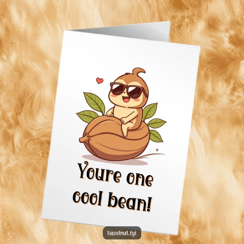 Free Printable Congratulations Card: A cool hazelnut wearing sunglasses rides a giant coffee bean, spreading humorous congratulations.