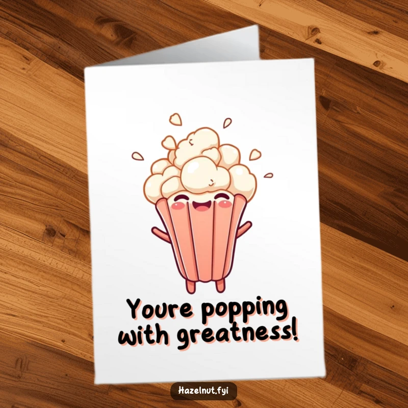 Funny Free Printable Congratulations Card showing a cheerful popcorn kernel bursting upwards with delight, a perfect way to celebrate achievements.