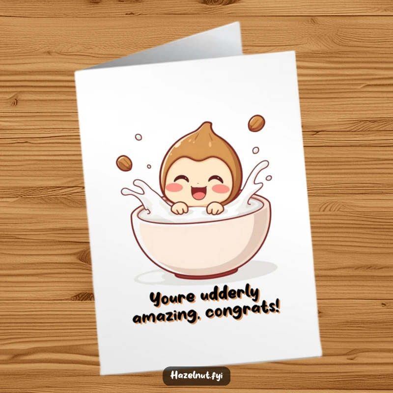Free Printable Congratulations Card: A delighted hazelnut splashes happily in a bowl of milk, humorously celebrating an achievement.
