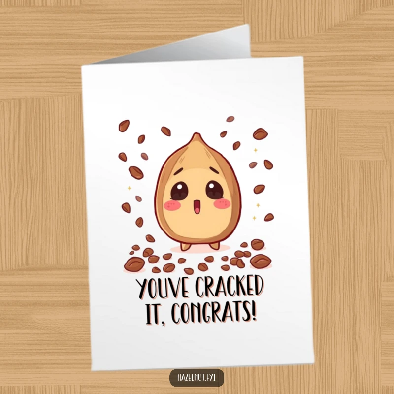 Funny Free Printable Congratulations Card: A startled hazelnut gazing upwards as sparkling cacao nibs rain down.