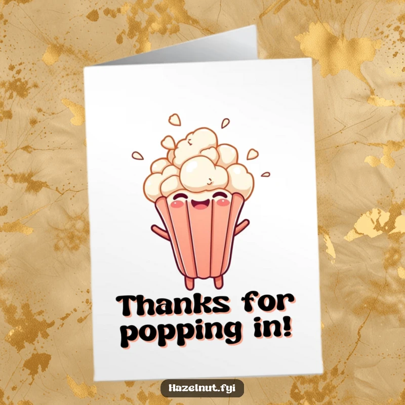 Funny Free Printable Thank You Card with a cheerful popcorn kernel bursting upwards with a delighted expression, a unique thank you.