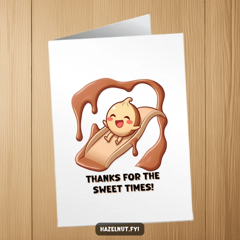 Funny Free Printable Thank You Card: A giggling hazelnut happily slides down a chocolate syrup slide.