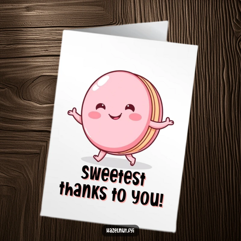 Funny Free Printable Thank You Card: A happy macaron smiling wide while performing a cheerful little shuffle.