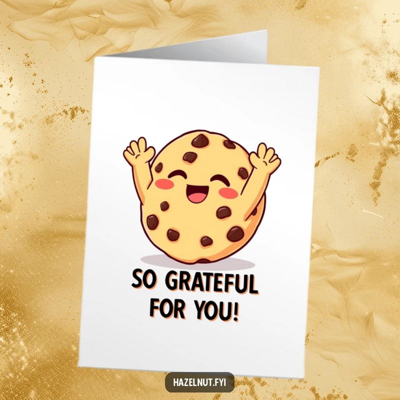 Funny Free Printable Thank You Card: A happy chocolate chip cookie giggling with joy, arms raised in delight.