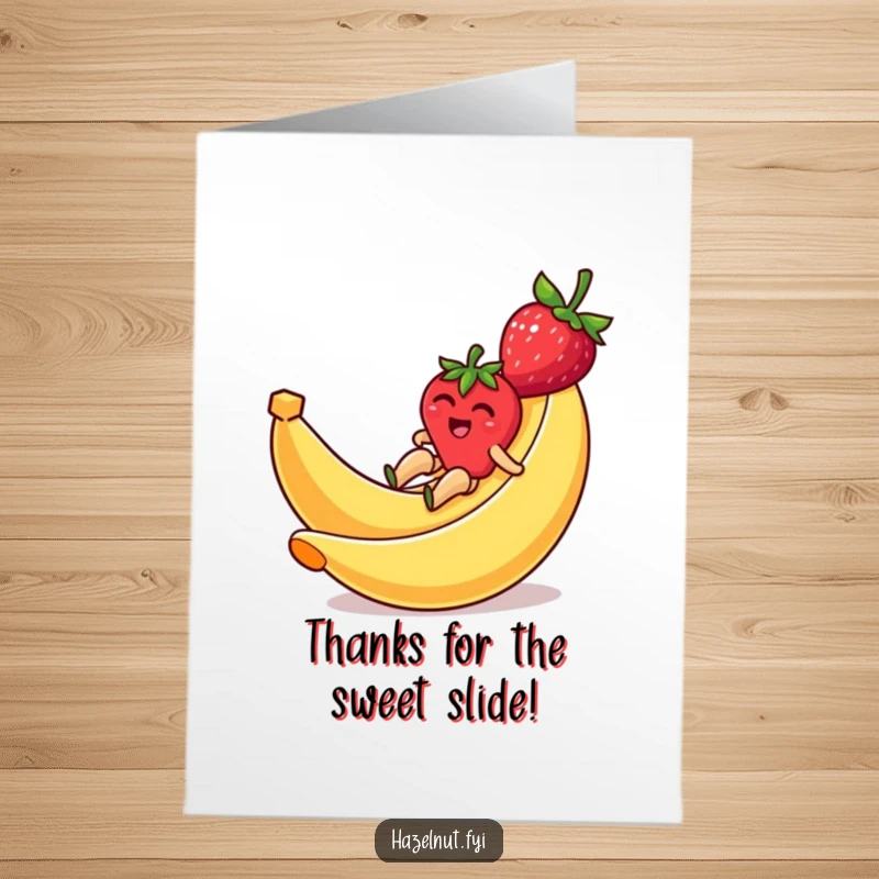 Funny Free Printable Thank You Card: A happy strawberry giggling while sliding down a banana peel, expressing thanks, download now.