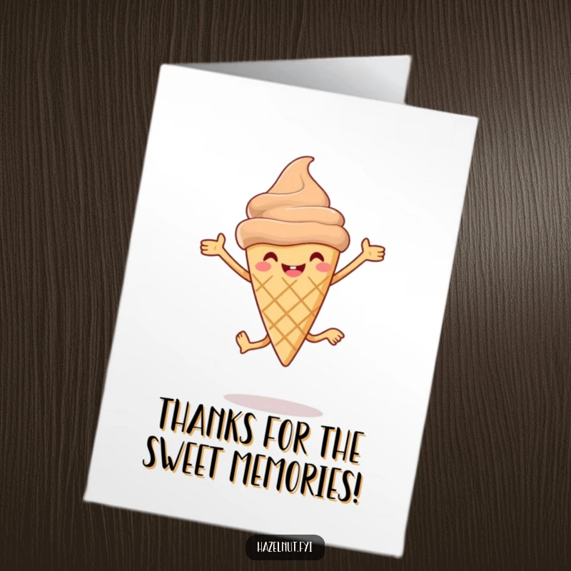 Funny Free Printable Thank You Card: Smiling Hazelnut Ice Cream Cone with Legs Doing a Joyful Leap