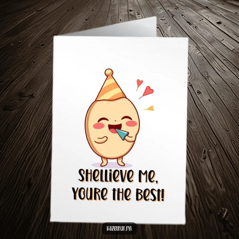 Funny Free Printable Thank You Card: A laughing hazelnut in a party hat blows a noisemaker, humorously thanking someone.