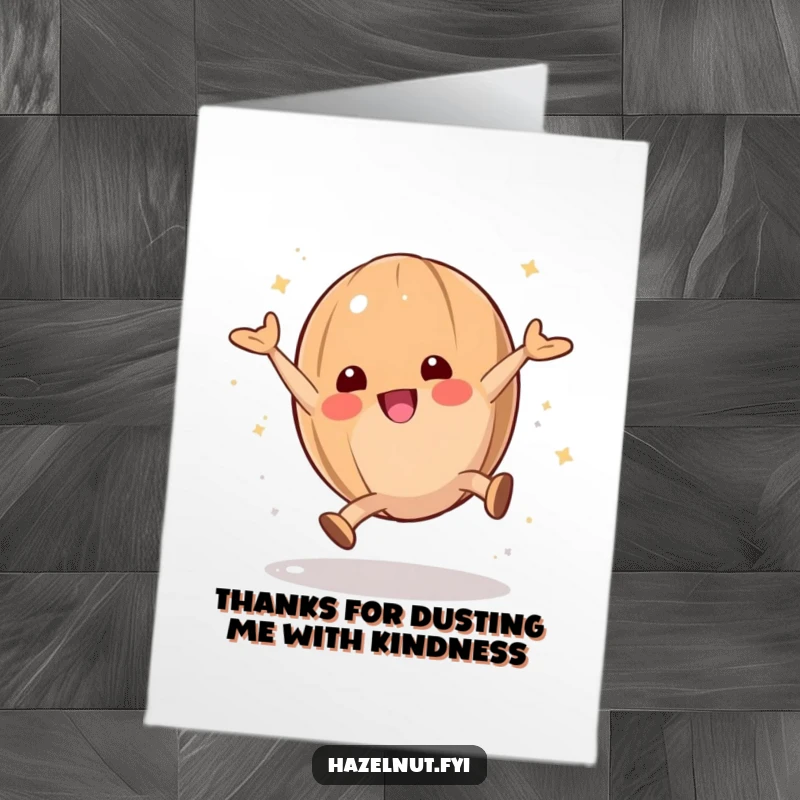 Funny Free Printable Thank You Card: A playful hazelnut performs a cartwheel showered in powdered sugar, offering energetic thanks.