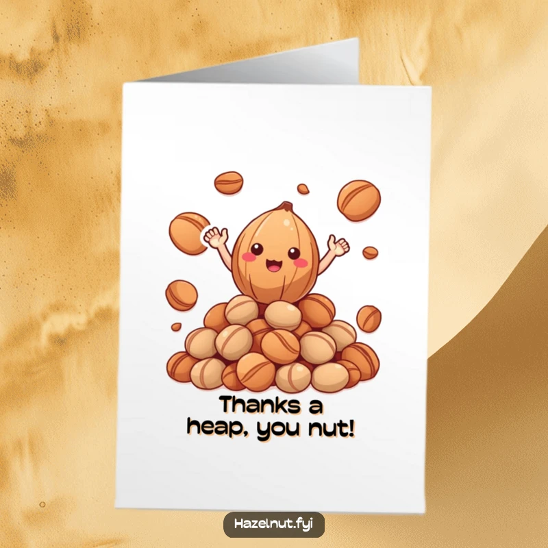 Funny Free Printable Thank You Card: A happy hazelnut waving from a stack of roasted nuts.