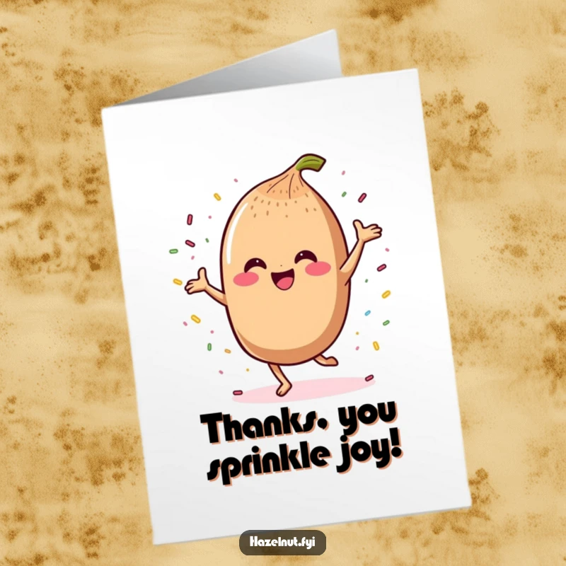 Funny Free Printable Thank You Card: Kawaii hazelnut character performing a happy dance, with sprinkles flying everywhere, conveying sincere thanks.