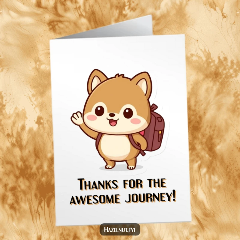Funny Free Printable Thank You Card: Cute Hazelnut Character with Backpack Waving Enthusiastically Hello