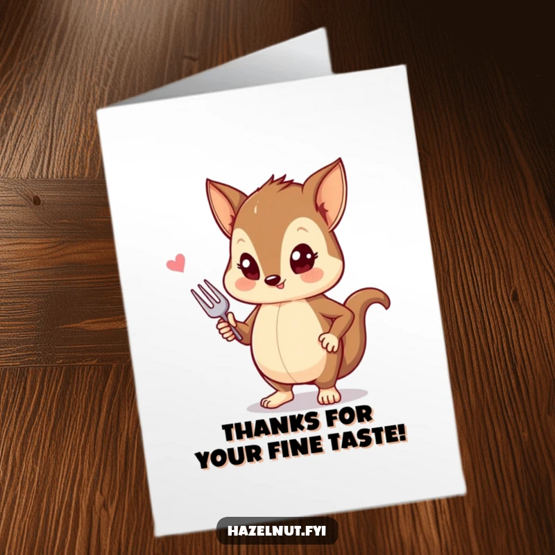 Funny Free Printable Thank You card featuring a stylish hazelnut striking a pose with a tiny fork, showing thanks elegantly.
