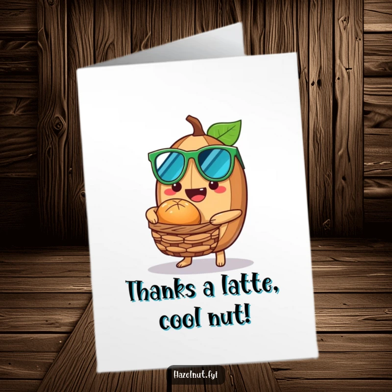 Funny Free Printable Thank You Card: A hazelnut wearing sunglasses, offering a nutty treat from a tiny basket