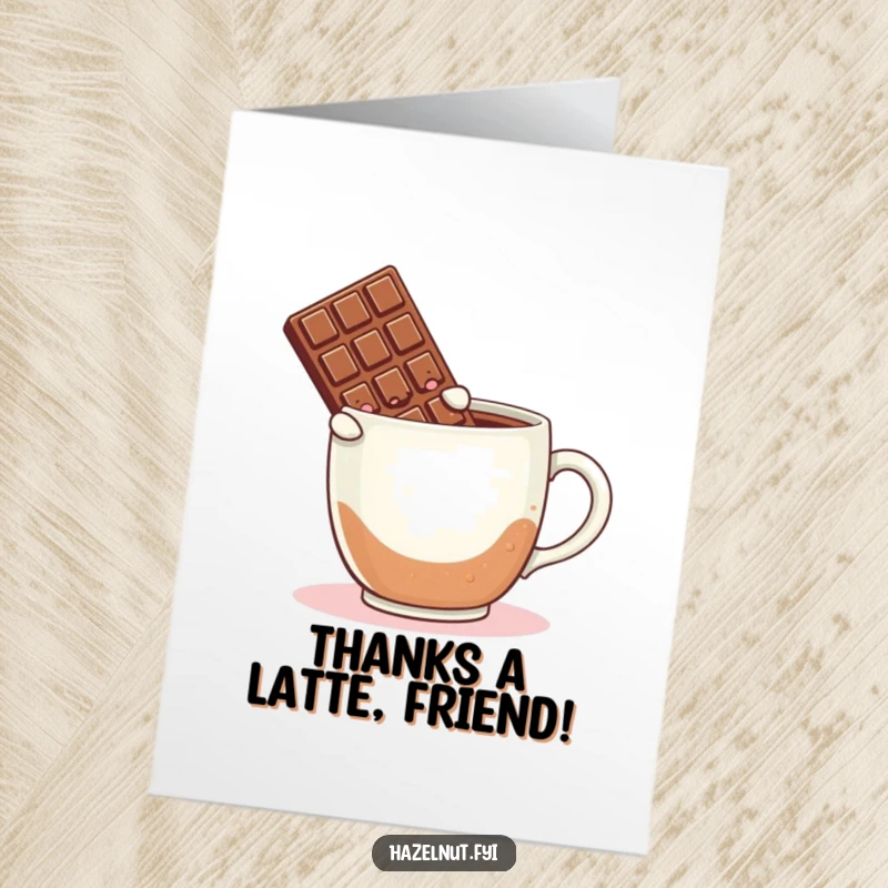 Funny Free Printable Thank You Card with a blushing chocolate bar making a splash in a giant coffee mug, a sweet and humorous thank you.