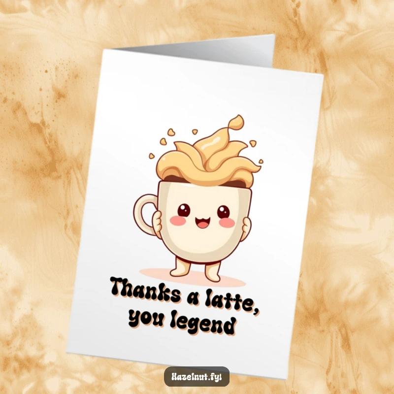 Funny Free Printable Thank You Card: Kawaii hazelnut character smiling wide, holding a giant coffee cup of thanks.