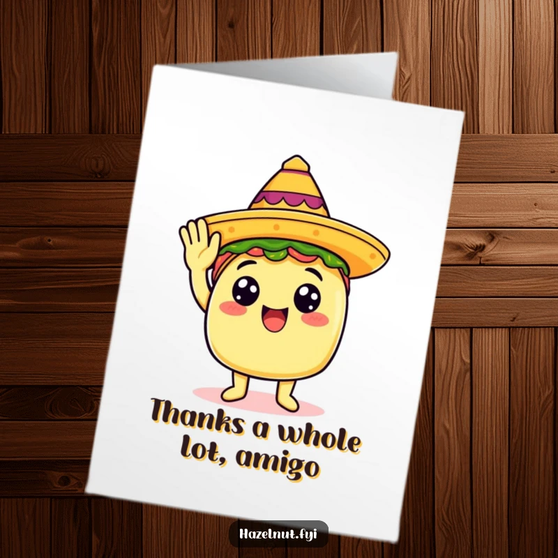Funny Free Printable Thank You Card with a happy taco saluting in a tiny sombrero, a flavorful downloadable thank you.