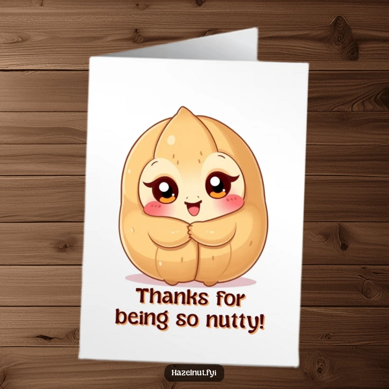 Funny Free Printable Thank You Card: A small creature hugging a large hazelnut with immense happiness.