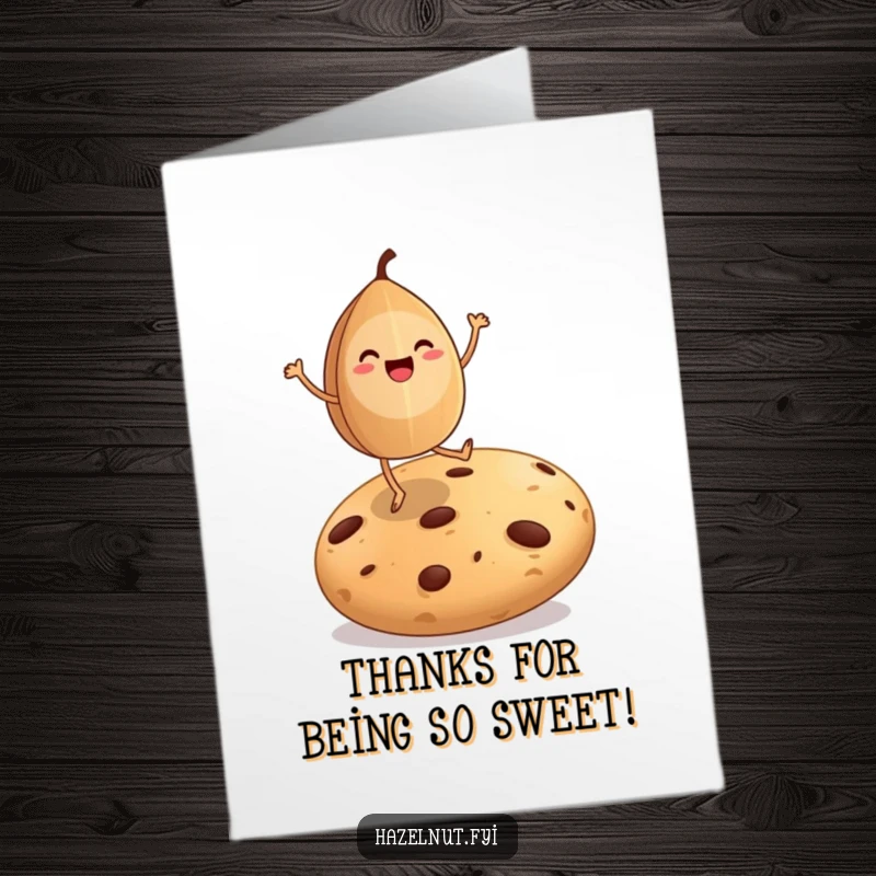 Funny Free Printable Thank You Card: A hazelnut with legs dances happily on a giant cookie, expressing gratitude.