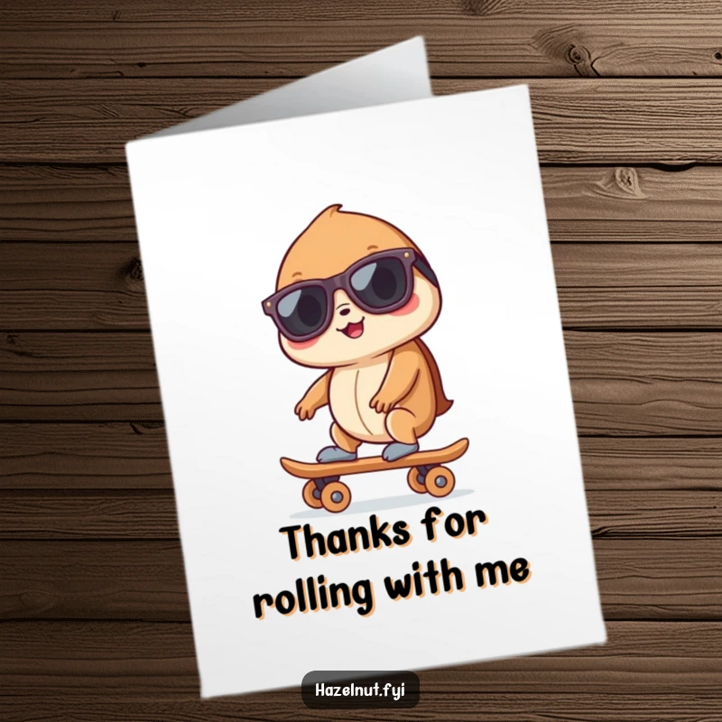 Funny Free Printable Thank You Card: A hazelnut in sunglasses shreds on a skateboard, expressing cool thanks with a smile.
