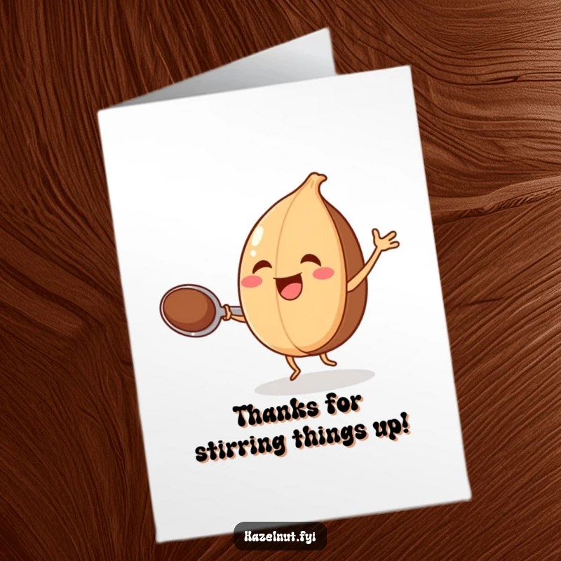 Funny Free Printable Thank You card features a joyful hazelnut dancing with a spoon, expressing thanks with playful movement.