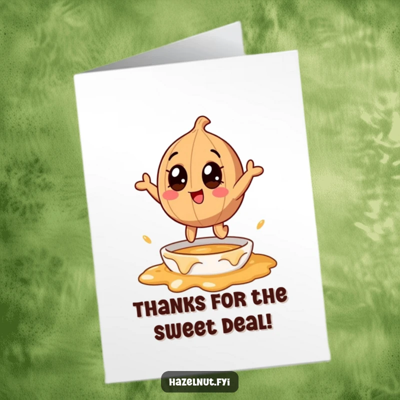 Funny free printable thank you card depicting a hazelnut character with big eyes joyfully diving into a bowl of warm caramel.