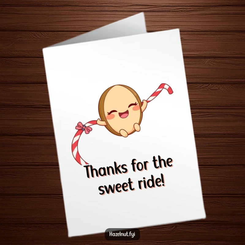 Funny Free Printable Thank You Card: A giggling hazelnut character with a mischievous grin sliding down a licorice rope, expressing thanks playfully.