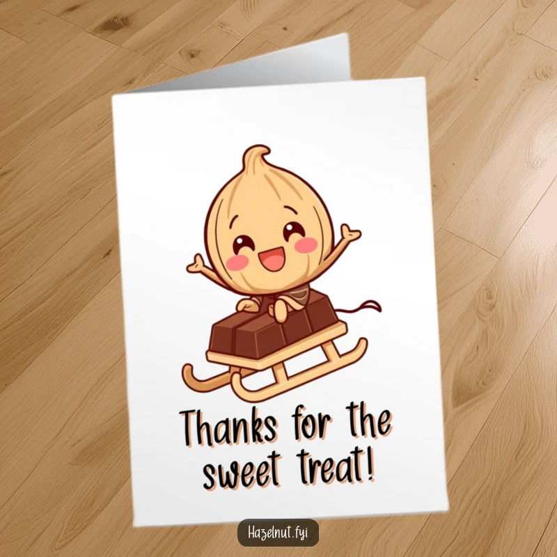 Funny Free Printable Thank You Card: A delighted hazelnut rides a miniature chocolate bar like a sled, offering thanks with a playful spirit.