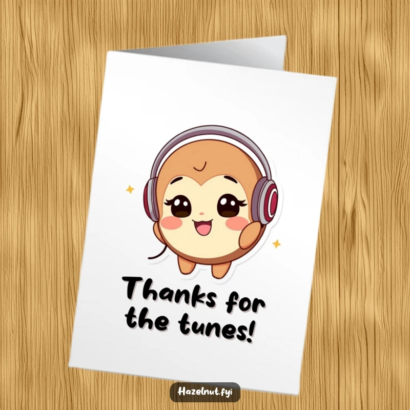 Funny Free Printable Thank You Card: A smiling hazelnut wearing headphones bobs its head, expressing gratitude through music.