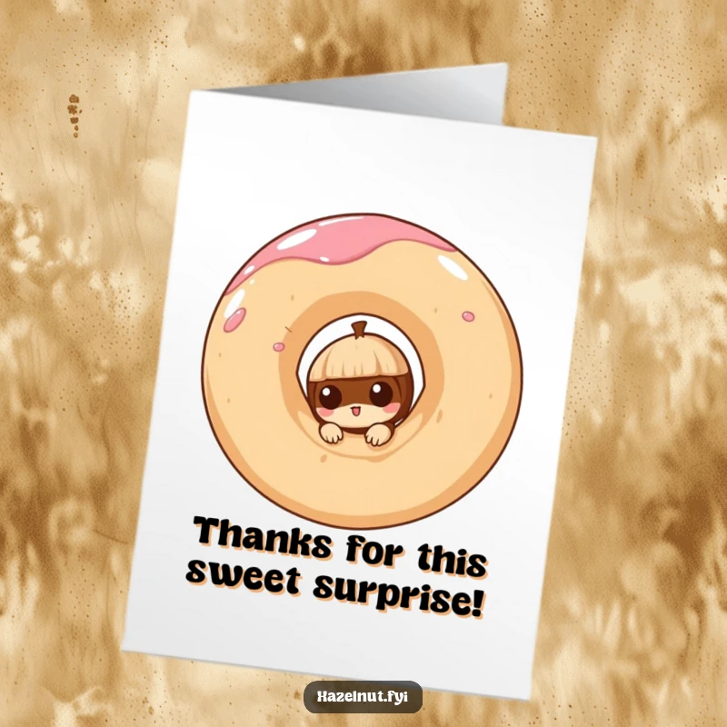 Funny Free Printable Thank You card featuring a curious hazelnut peeking out of a giant swirly doughnut, expressing sweet thanks.