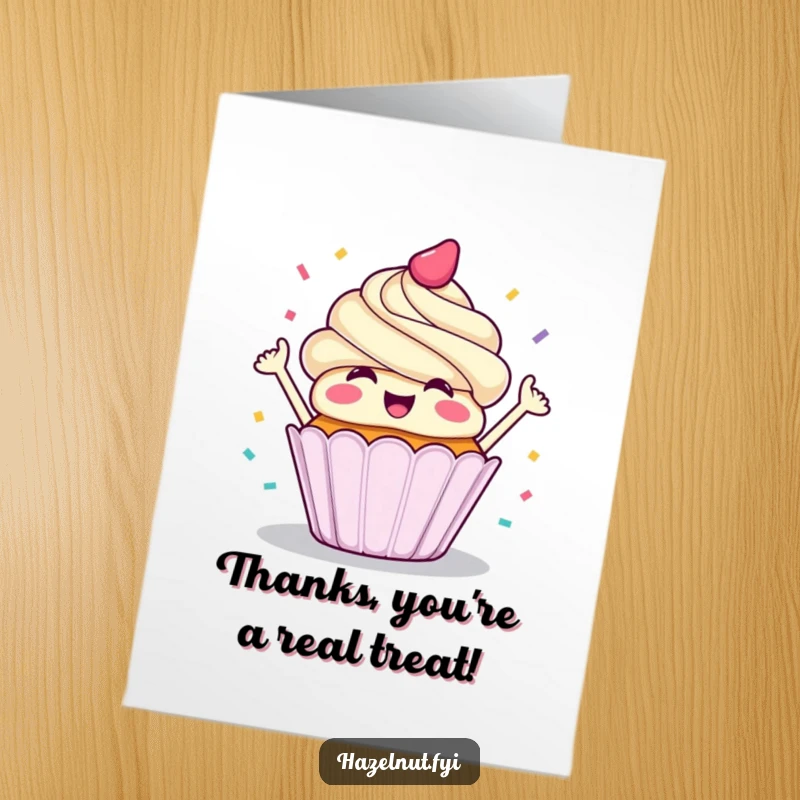Funny Free Printable Thank You Card: A cheerful cupcake throwing colorful confetti with a big smile, saying thanks, download now.