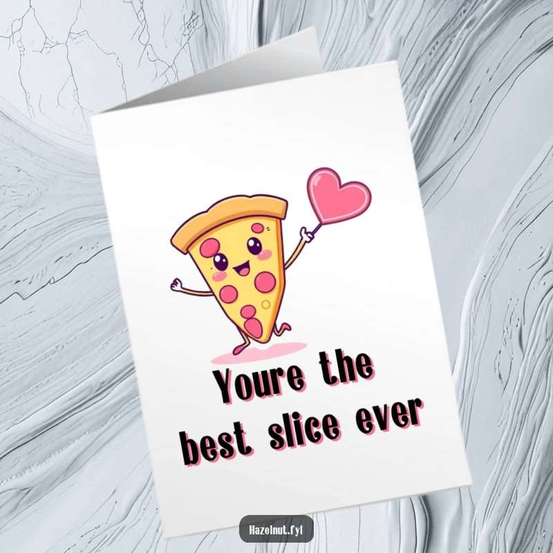 Funny Free Printable Thank You Card with a silly pizza slice dancing with a candy heart, a sweet downloadable thank you.