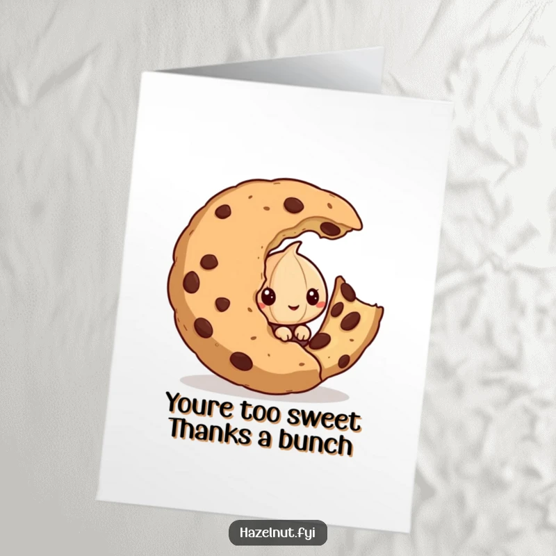 Funny Free Printable Thank You Card: A naughty hazelnut hides behind a huge, half-eaten cookie.
