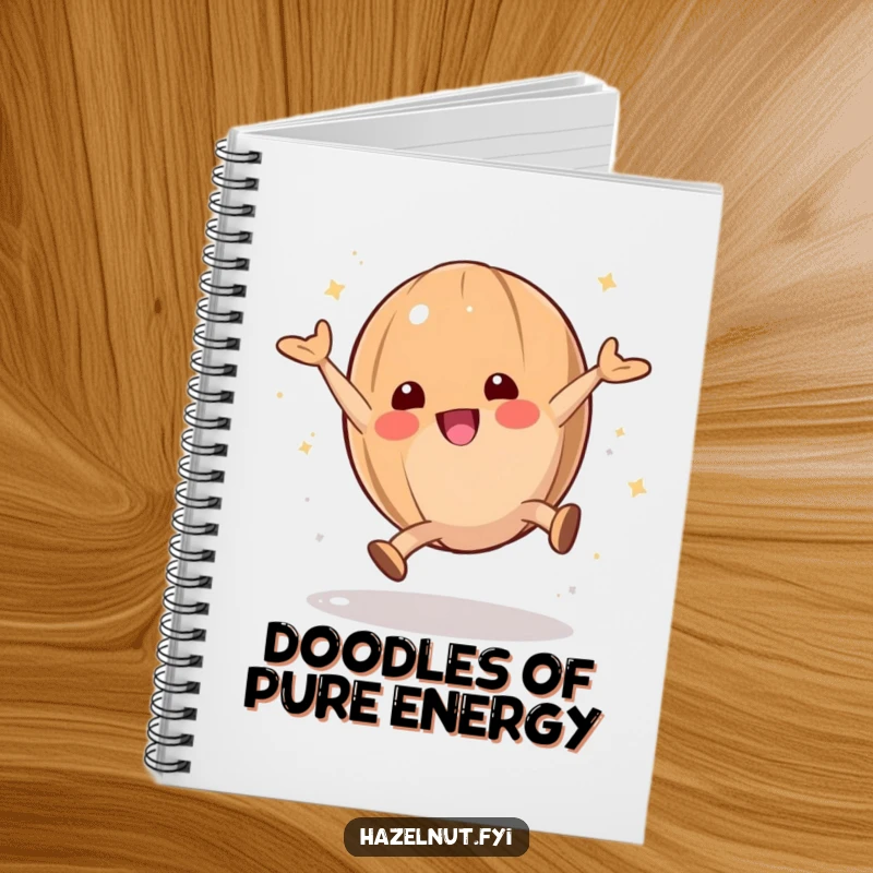 Funny hazelnut character doing a cartwheel with powdered sugar, featured on a notebook for playful inspiration.