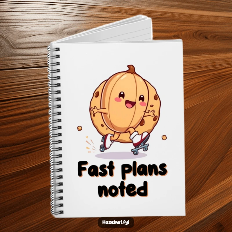 Funny notebook featuring a hazelnut on roller skates zipping around a cookie, ideal for jotting down zippy ideas and fun notes.