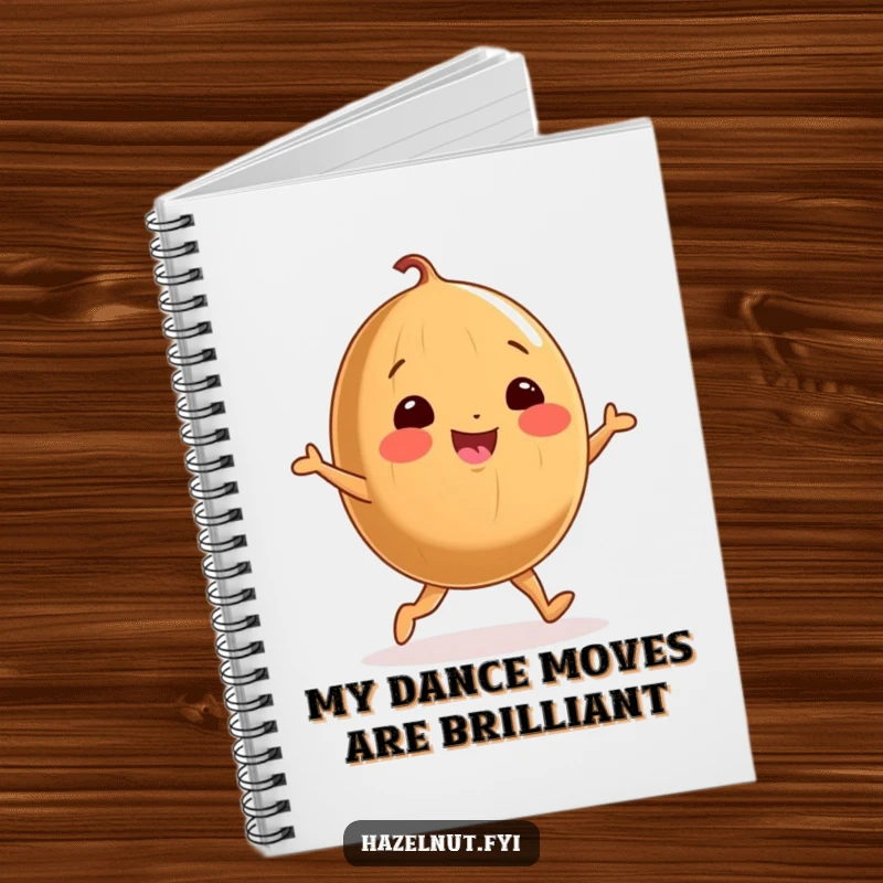 Funny notebook cover with a cheerful, round hazelnut doing a joyful dance on stubby legs, perfect for capturing nutty ideas.