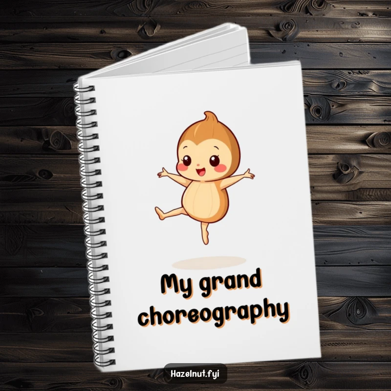 Funny notebook with a happy hazelnut with tiny legs performing a ballet pirouette, great for creative notes.
