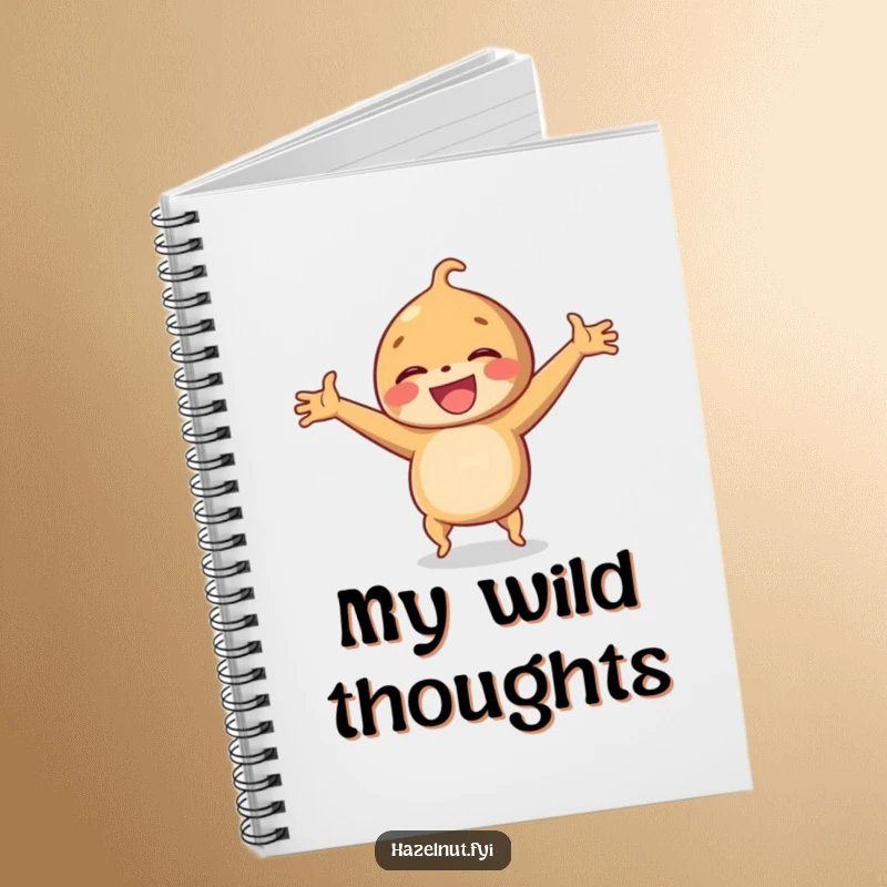 Funny notebook featuring a laughing hazelnut doing a cartwheel with arms outstretched, for capturing active thoughts.