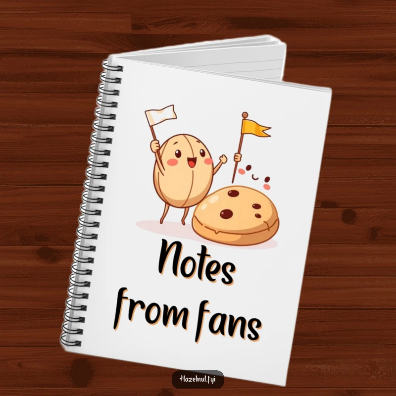 Funny Hazelnut Notebook cover shows hazelnuts cheering with flags at a cookie, ideal for jotting down recipes and ideas.