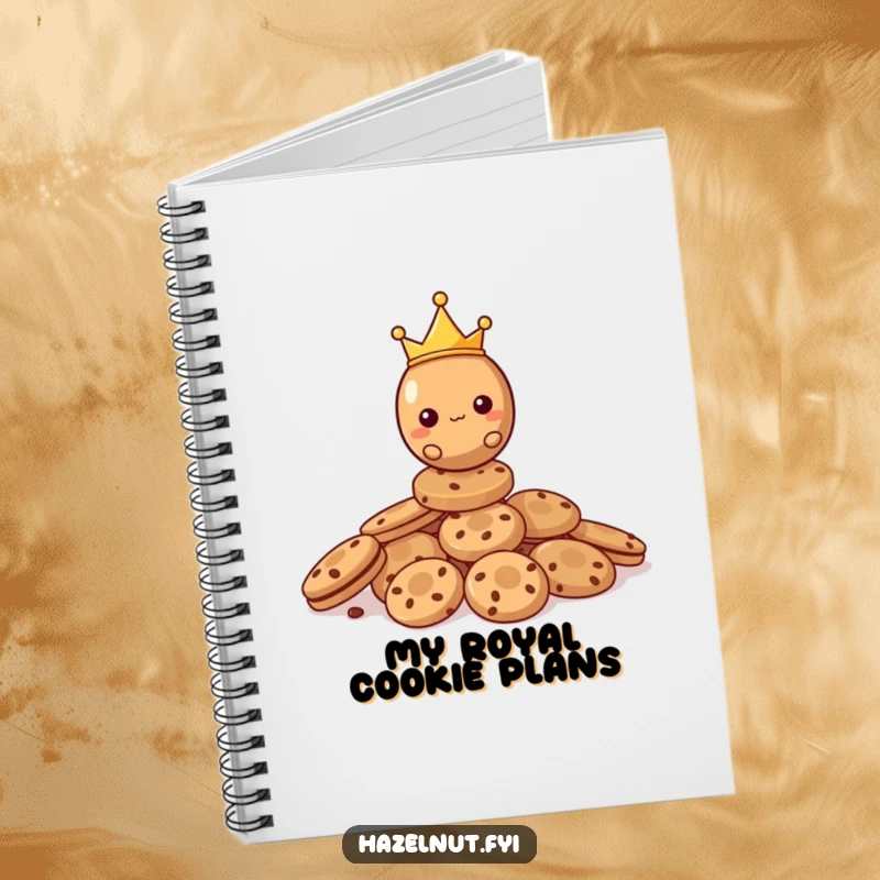 Funny Hazelnut Notebook with a tiny crowned hazelnut balancing on a stack of cookies, inspiring nutty thoughts and great ideas.