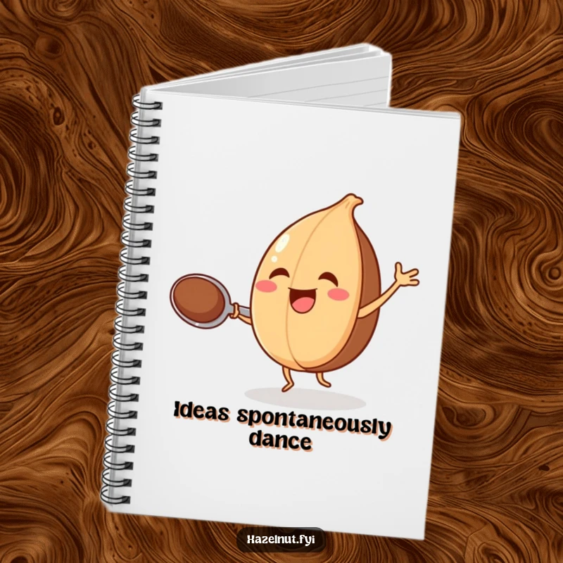 Funny notebook featuring a joyful hazelnut dancing with a spoon, for capturing culinary ideas.
